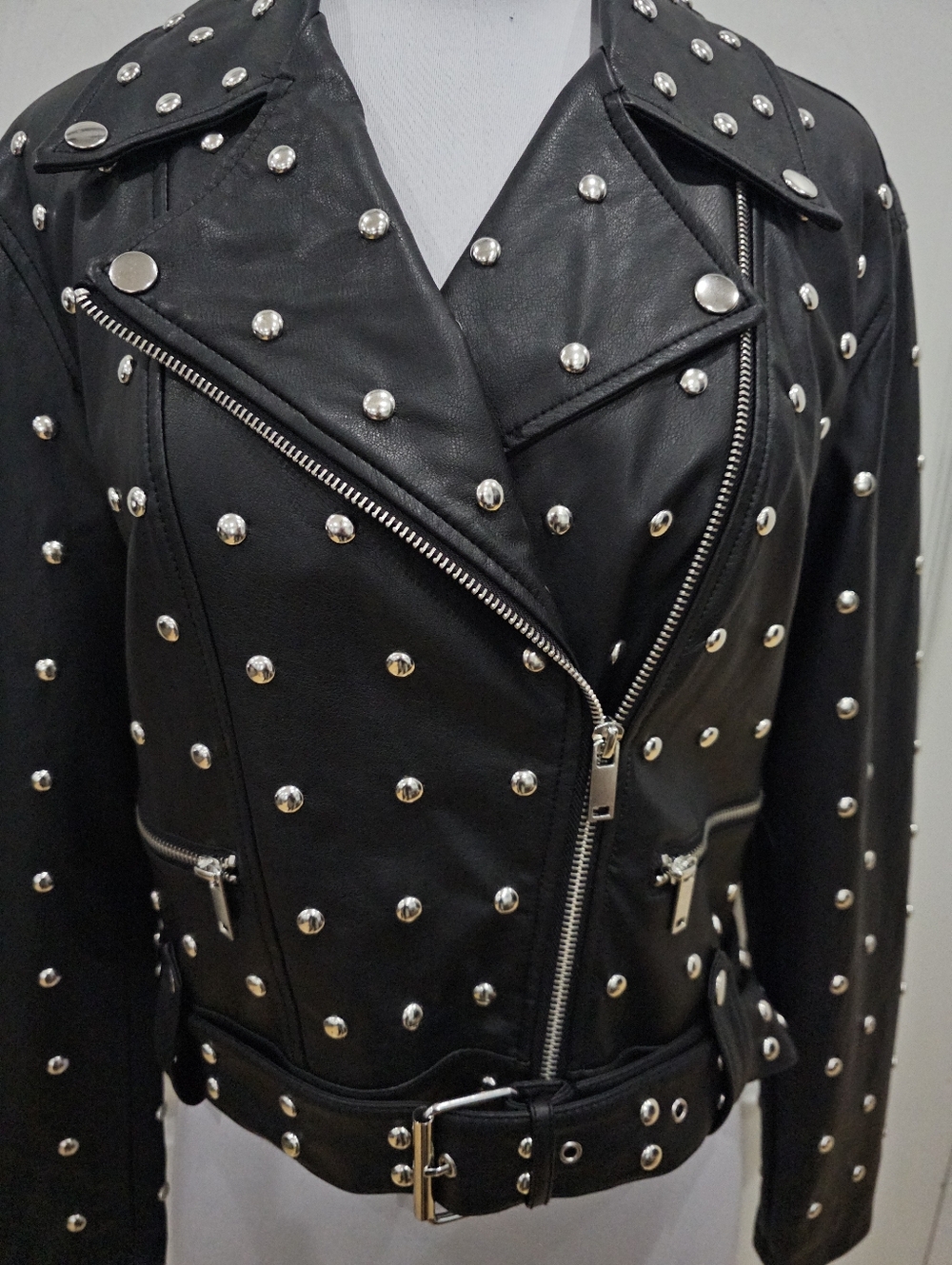 Forever 21 Punk Goth Black Silver Studded Faux Leather Zip Moto Jacket Coat S - Picture 4 of 12